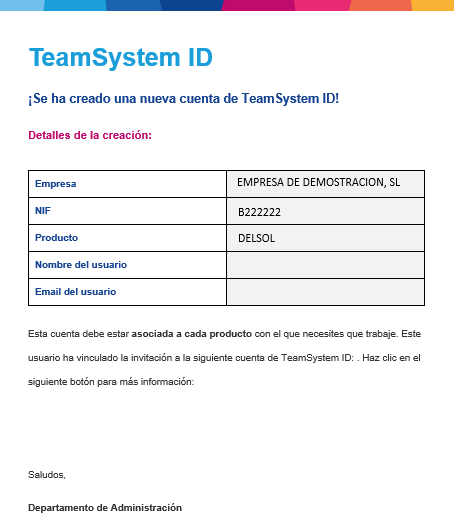 Correo: Se ha creado una nueva cuenta de TeamSystem ID